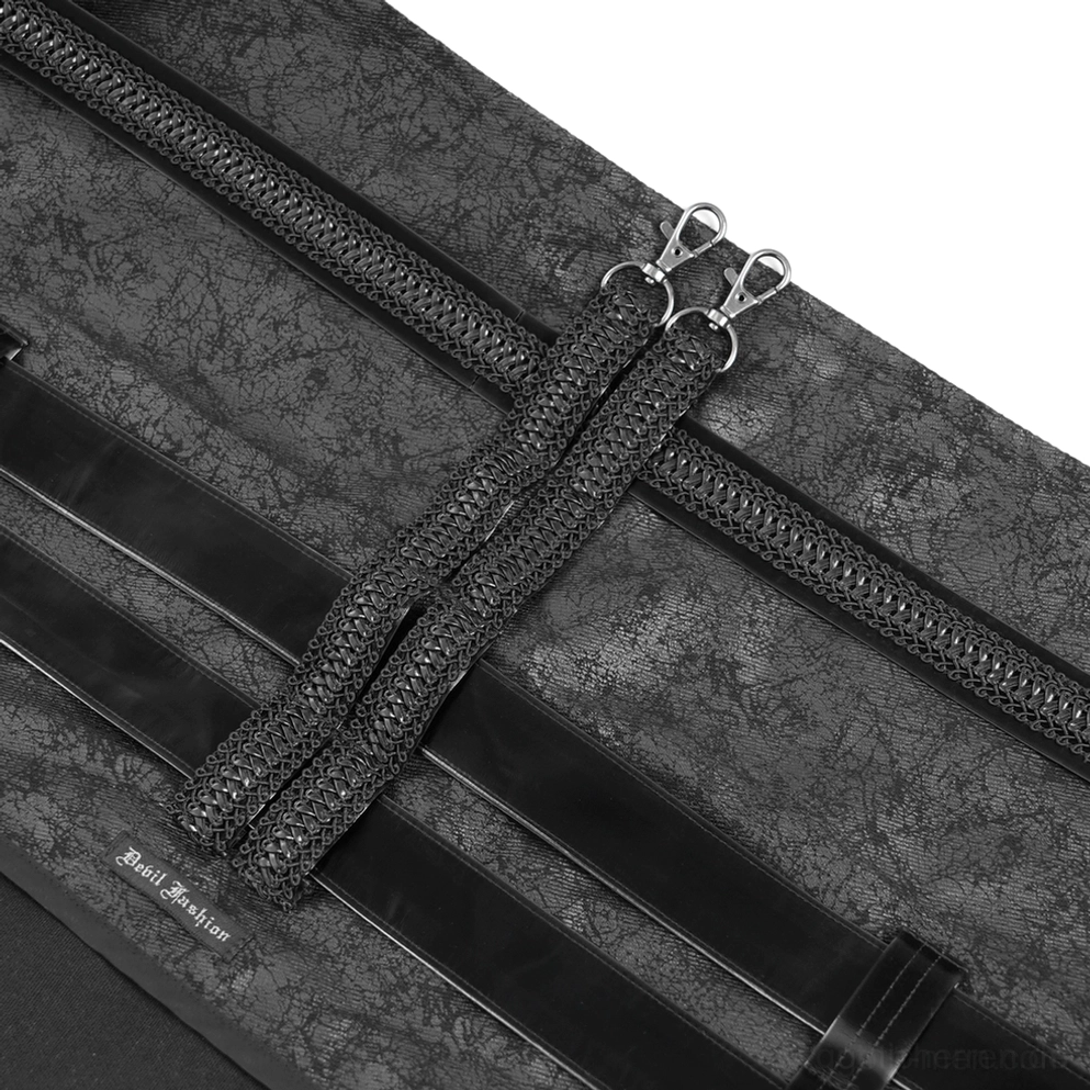 Vollständige Produktansicht des schwarzen gotischen Strap-Rocks für Herren mit Reißverschluss-Verschluss und einstellbarem Ring-Hardware-System