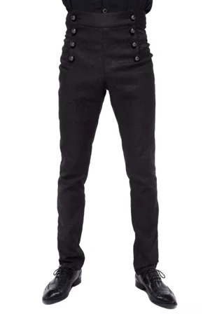 Gothic Hochbund-Röhrenhose mit Vintage-Knöpfen – Frontansicht auf männlichem Model mit formalen Lederschuhen, zeigt doppelte dekorative Knöpfe und schlanke tailierte Silhouette
