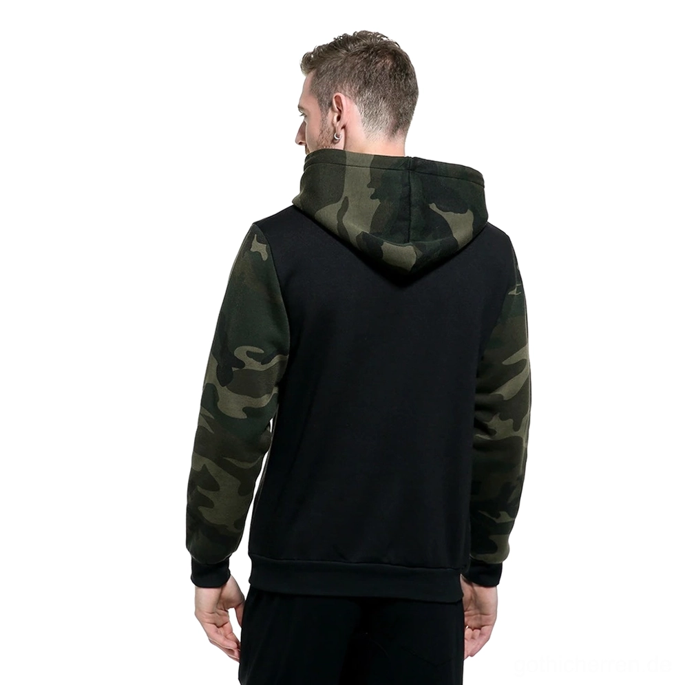 Gothic-Kapuzenpullover Rückansicht mit gemusterten Ärmeln und verstellbarer Schnurkapuze auf männlichem Model von hinten