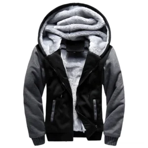 Zweifarbiger Gothic Zip-Hoodie in Schwarz und Grau mit seitlichen Reißverschlusstaschen und grauer Fleecefütterung - Detailansicht Flatlage