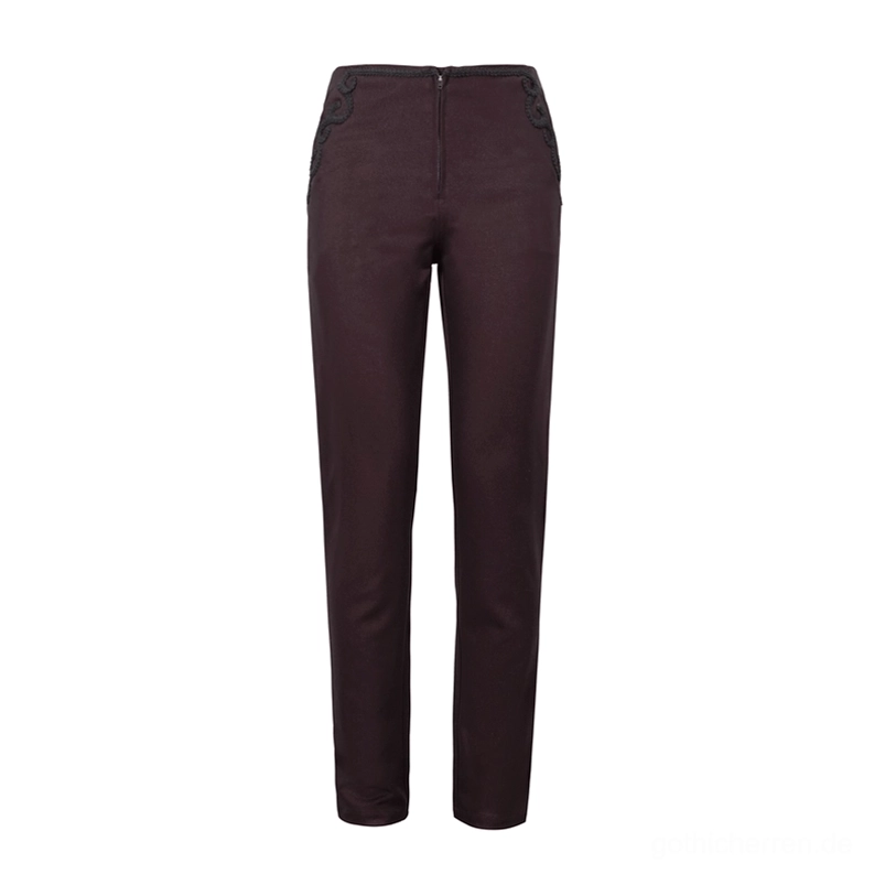 Gothic Slim-Fit Hose Detailaufnahme Fronttaille mit ornamentaler schwarzer Spitzenstickerei auf Seitentasche und Metallreißverschluss