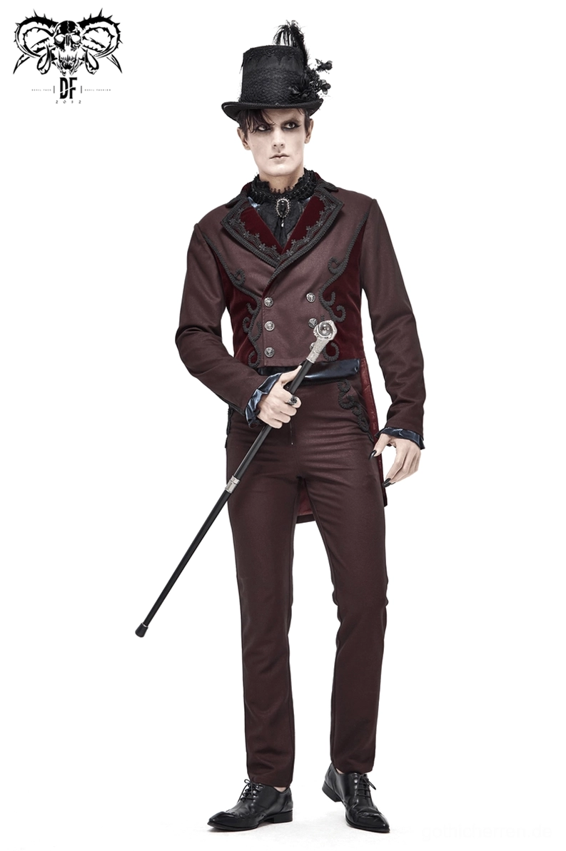 Rückansicht-Detail der weinroten Gothic Hose mit vintage Schnallenverzierung und professioneller Taillenband-Konstruktion