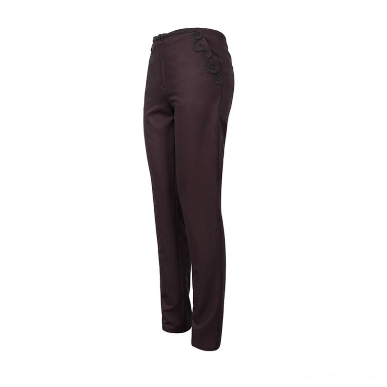 Rechte Seitenansicht der Gothic Slim-Fit Hose mit ornamentaler Rankenwerk-Spitzenstickerei und semi-fitted Silhouette
