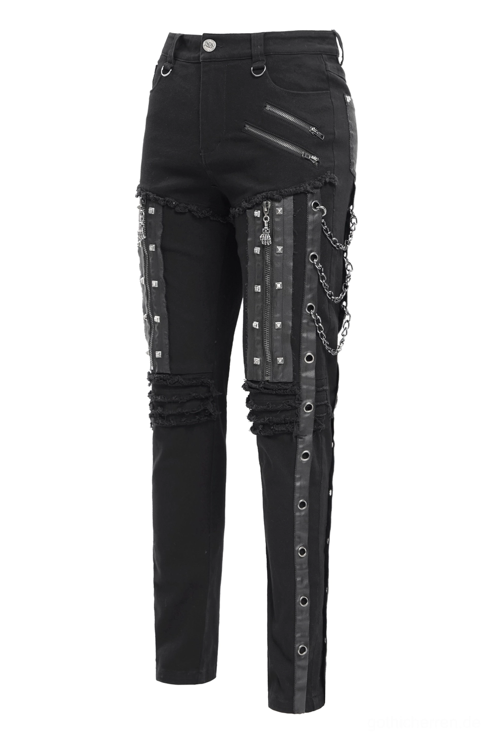 Gothic Slim-Fit Hose mit Ketten-Hardware an den Oberschenkeln, Reißverschluss-Details an der Hüfte und zerrissenen Kniebereichen