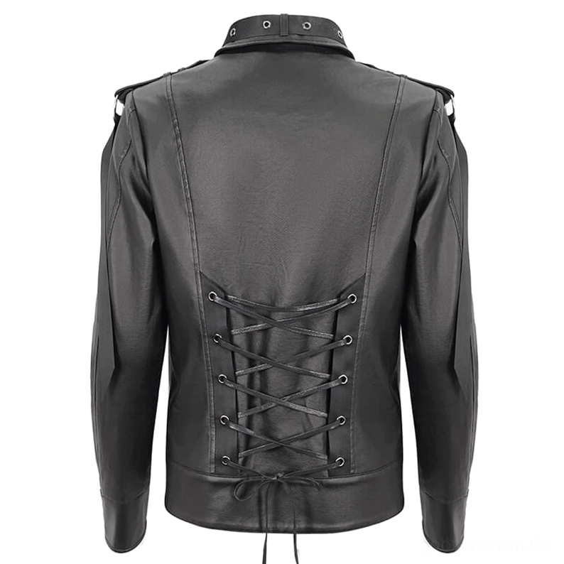 Schwarze Gothic-Jacke Rückansicht statisch mit Schnürrücken Korsett-Verschluss aufrechtem Kragen Matte Finish