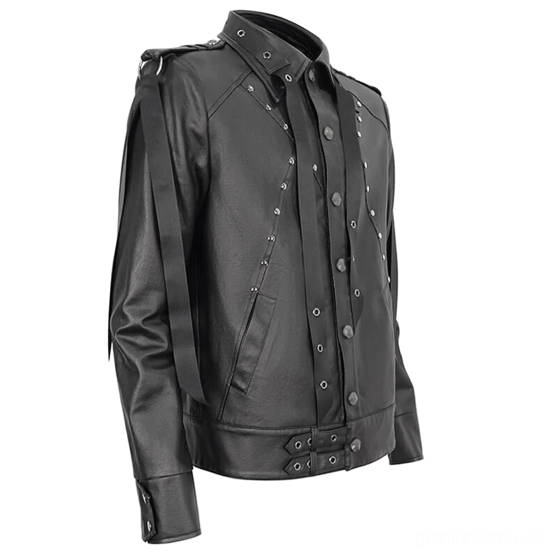 Schwarze Gothic-Jacke Schräg-Rückansicht Schulter-Webbing verstellbare Saum-Schnallen Herrenjacke