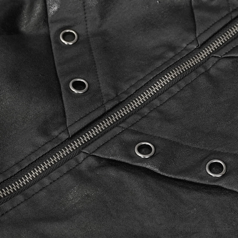 Gothic Stehkragen Jacke Metallhardware Nahaufnahme - Reißverschluss, runde Ösen und beschichteter Canvas mit Industrial-Ästhetik