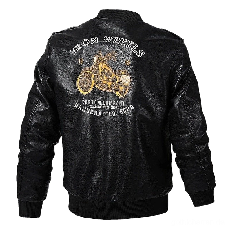 Born to Ride bestickte Rückseite auf schwarzer Biker Jacke, Iron Wheels Motorrad Gothic Stickerei mit Workshop-Text-Design