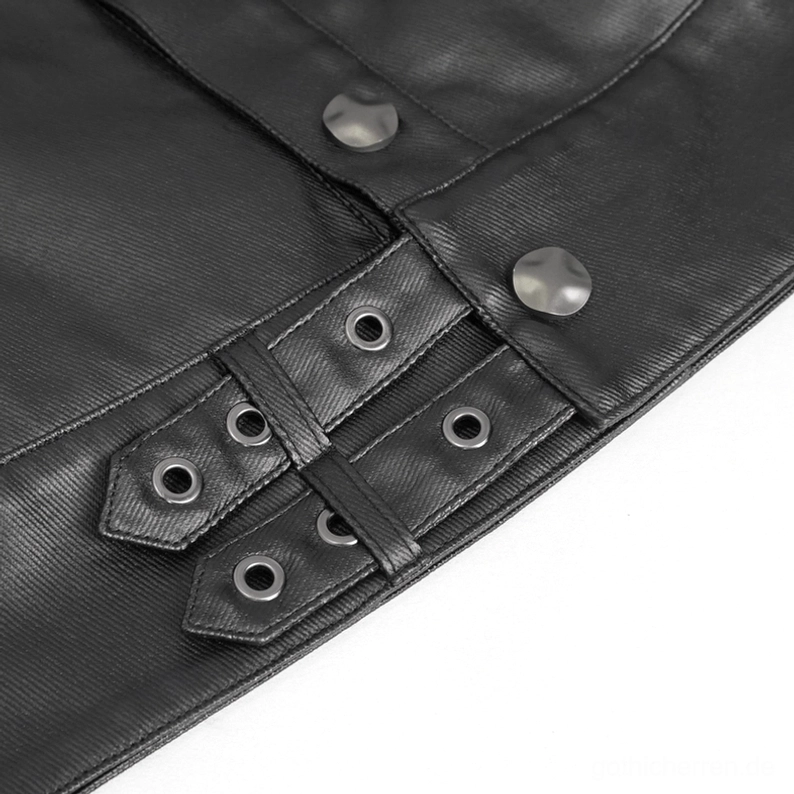 Gothic-Jacke verstellbare Saum-Schnalle Nahaufnahme Metallösen Ledergurt Matte schwarze Fintech-Oberfläche