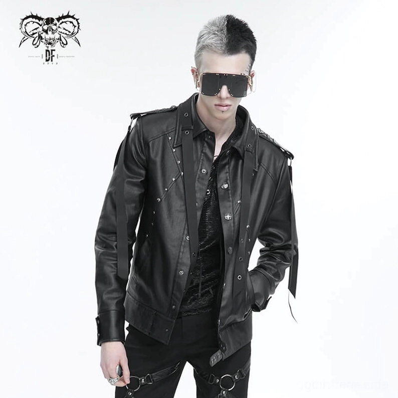 Gothic-Jacke Schultertrappe mit Metallnieten und Webbing architektonisches Element industrieller Punk-Stil