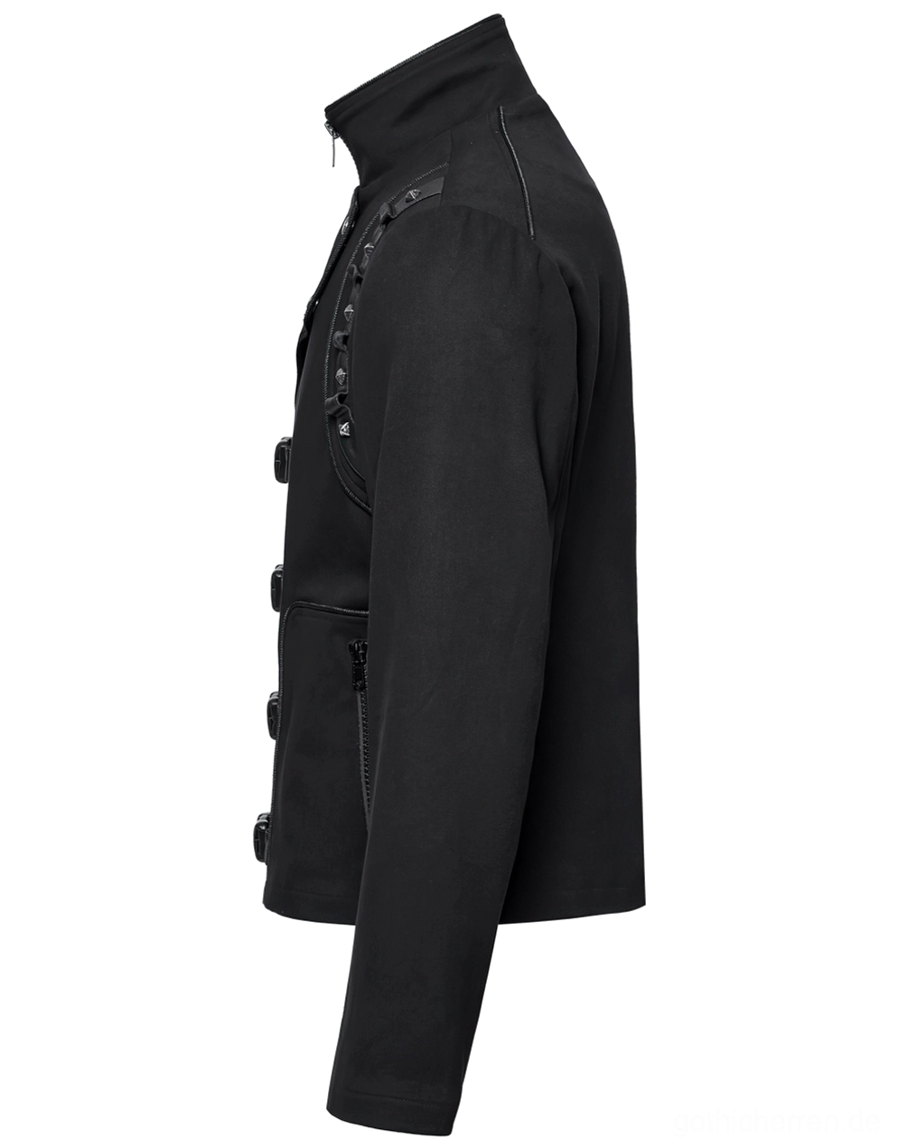 Seitenprofilansicht der Gothic Jacke hebt Nieten-dekorierte Schulterriemen und Reißverschluss-Konstruktion hervor