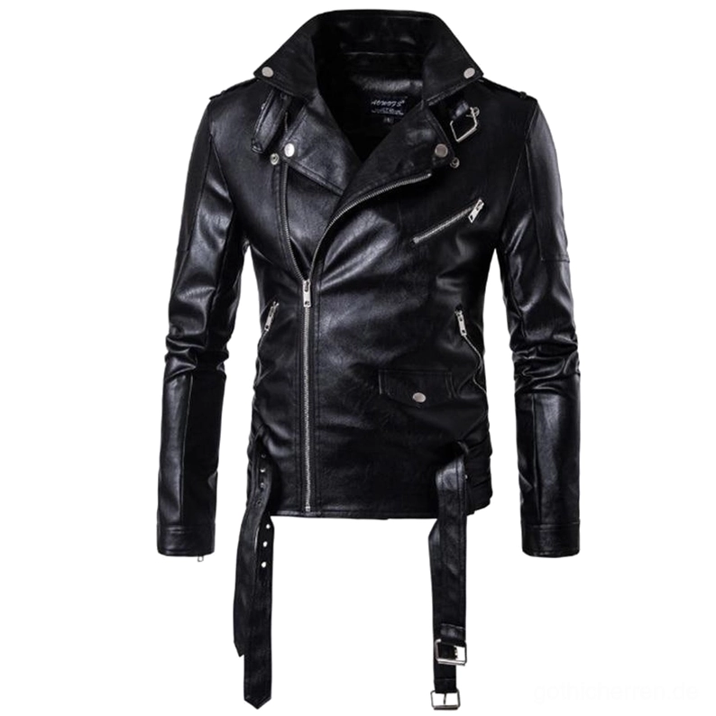 Schwarze Kunstleder-Biker-Jacke Frontansicht mit herabhängenden verstellbaren Taillengürteln, Metallösen und verstärkten Reißverschluss-Taschen