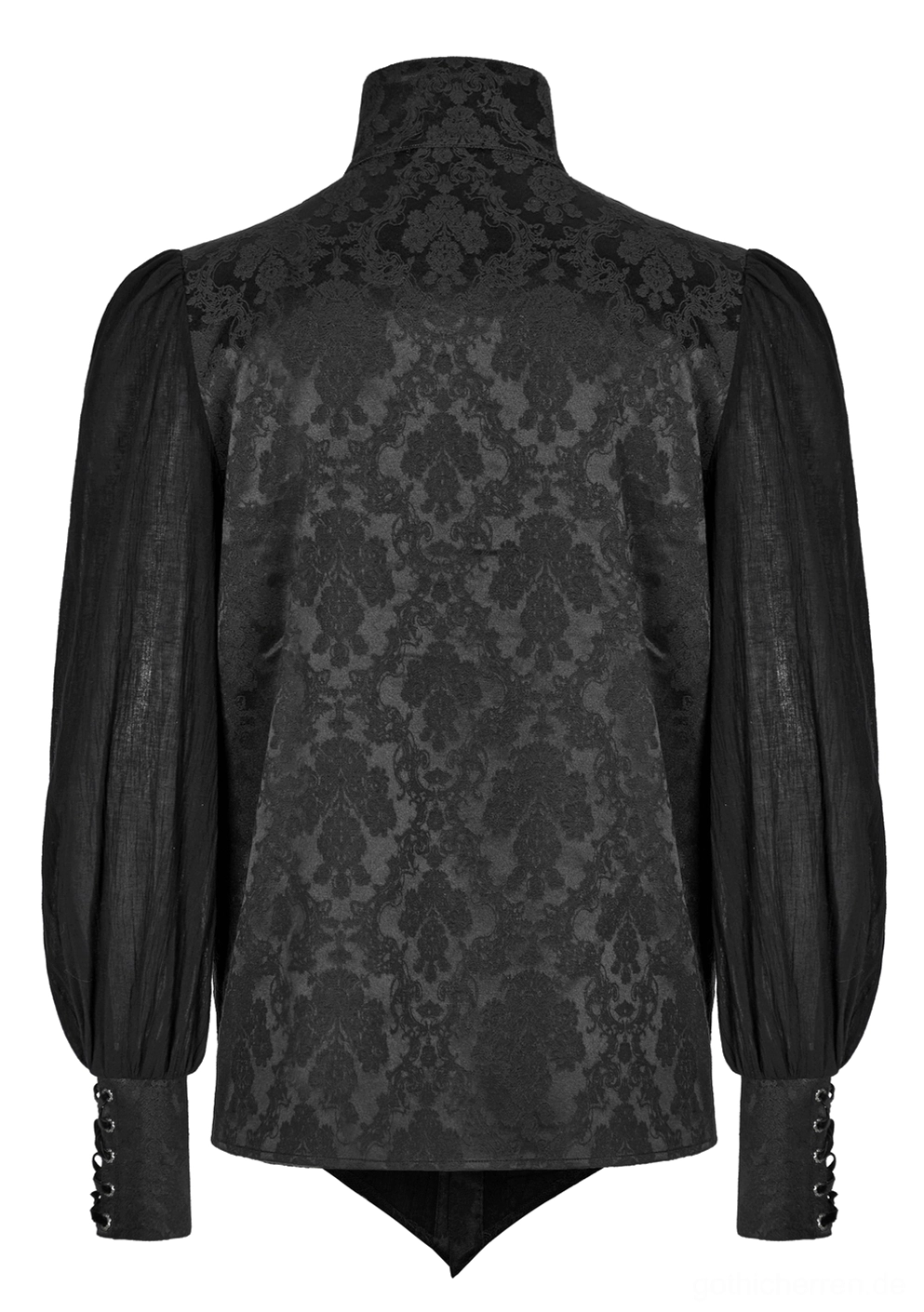 Rückseitige Flatlage des Gothic Jacquard Hemdes zeigt Damast Webmuster Bischofärmel und spitze asymmetrische Saumkante