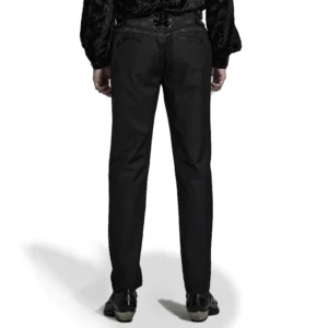 Gothic Jacquard Röhrenhose Rückansicht, verstellbare Schnürung mit Samtbändern und Metallösen, gotischer Stil