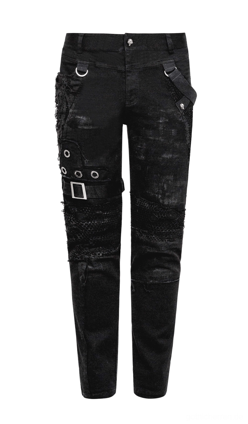 Nahaufnahme schwarzer Gothic-Jeans mit Metallösen, Schnallenbändern und zerrissener Denim-Textur