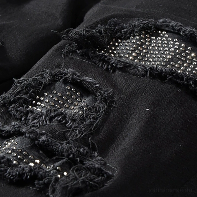 Strass besetz Riss Loch mit eingebetteten Rhinestones Gothic Punk Ästhetik Detail ausgefranste Kanten