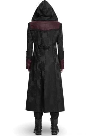 Gothic Jacquard Kapuzenmantel Rückansicht, schwarzer Damast-Webstoff, Lederschulterjoch, metallisierter Taillengürtel-Buckle, dramatischer gespaltener Saum