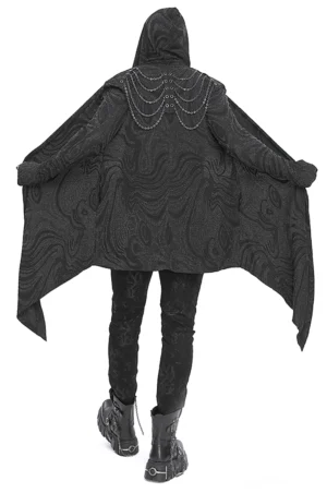 Rückansicht des asymmetrischen Gothic-Mantels mit Multi-Kettendetail und Fledermaus-inspiriertem Saum