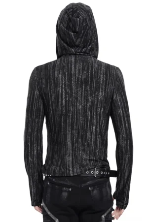 Schwarzer gestreifter Gothic Kapuzenpullover mit taillierter Silhouette und strukturierter Kapuze, Rückansicht auf Mannequin zeigt Hoodkonstruktion