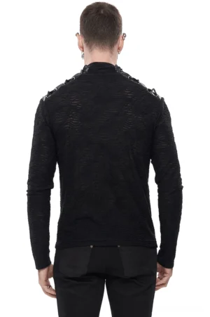 Schwarzer Gothic Kapuzenpullover Rückansicht mit hinteren Schulter-Schnürungsdesign und 3D-Wellentextur-Strickstoff