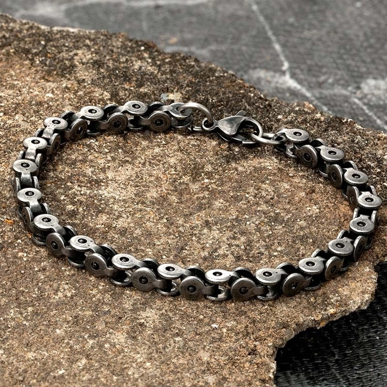 Authentisches Gothic Kettenarmband für Herren – Fahrradketten-Textur dunkles Silber Industrial Punk Edelstahl 14,5g Gewicht