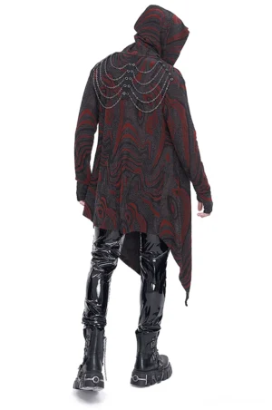 Rückansicht des Gothic-Kettenmantel mit charakteristischen Kettenreihen, asymmetrischem Saum und marmoriertem Stoffmuster auf männlichem Model
