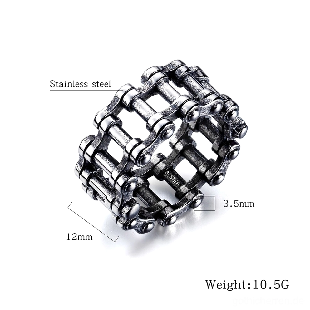 Edelstahl Gothic Kettenring Draufsicht mit 12mm Bandbreite, Linkstrukturen und 10,5g Gewicht Spezifikationen auf weißem Hintergrund