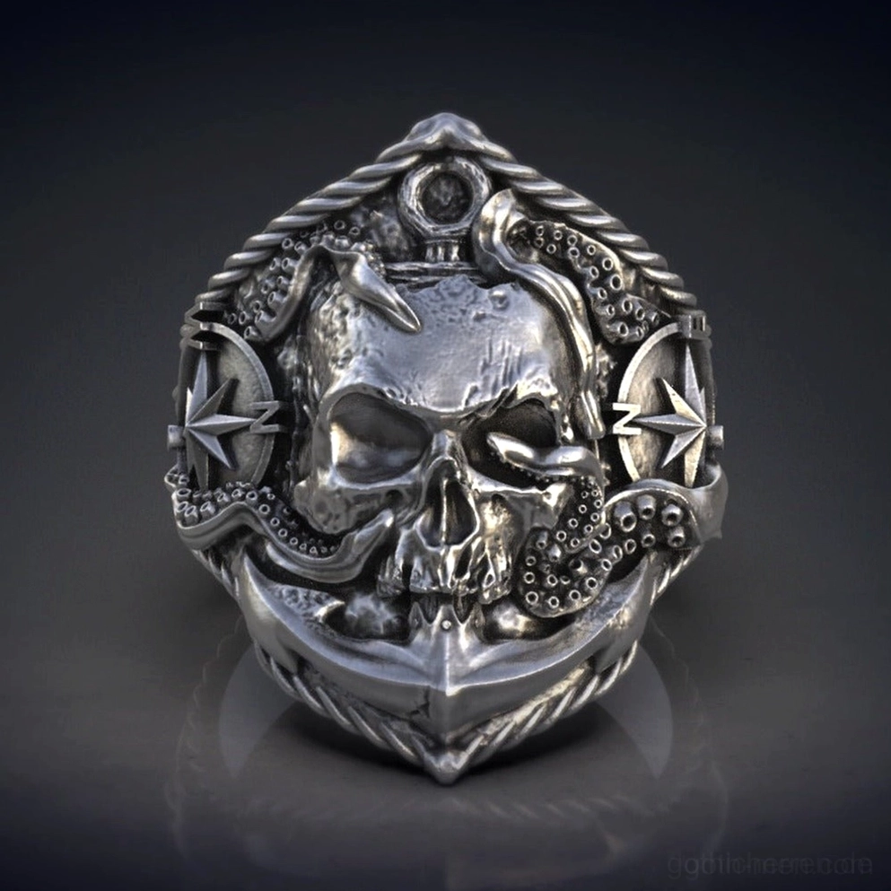 Gothic Kompass Schädel Ring mit aufwendigen Oktopus und Anker-schnitzereien, alternative schmuck statement piece herren