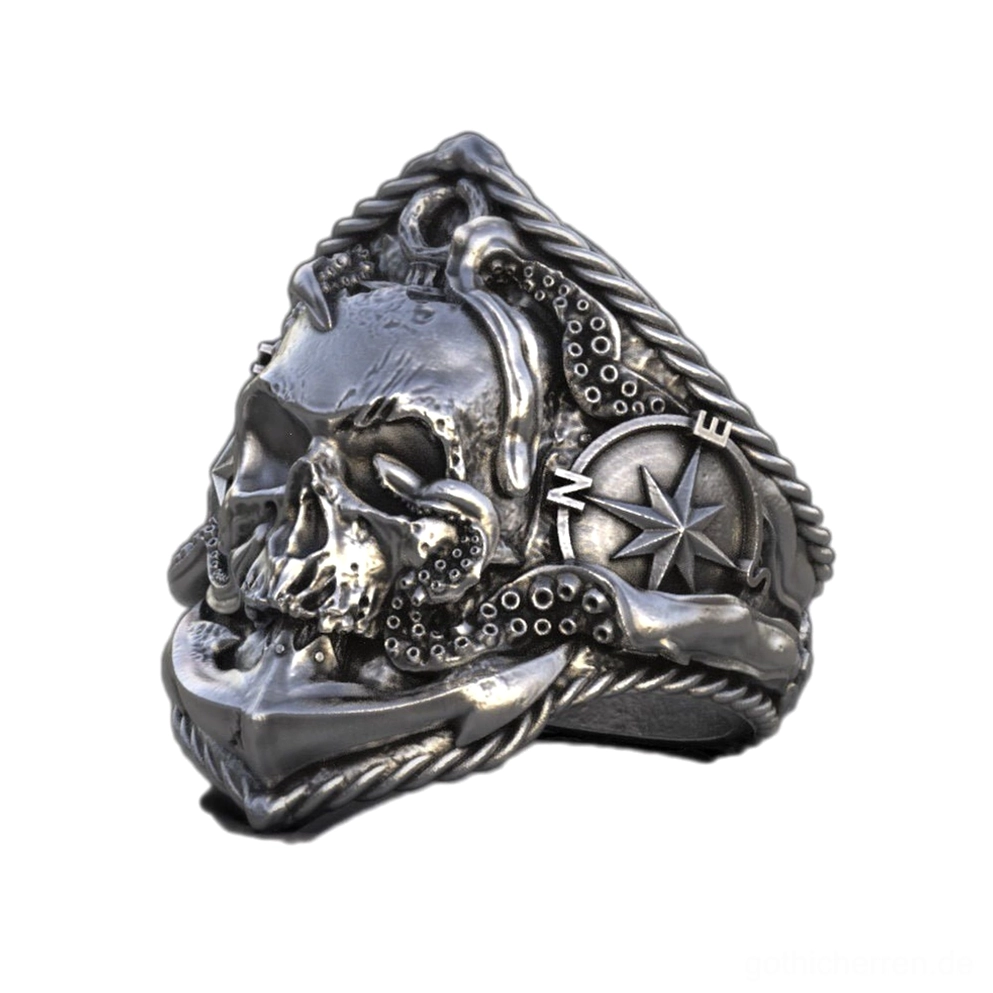 Vintage Gothic Kompass Schädel Ring mit verdrehter Seil-Bordüre und Oktopus-Tentakel-Schnitzereien, seitenansicht profil