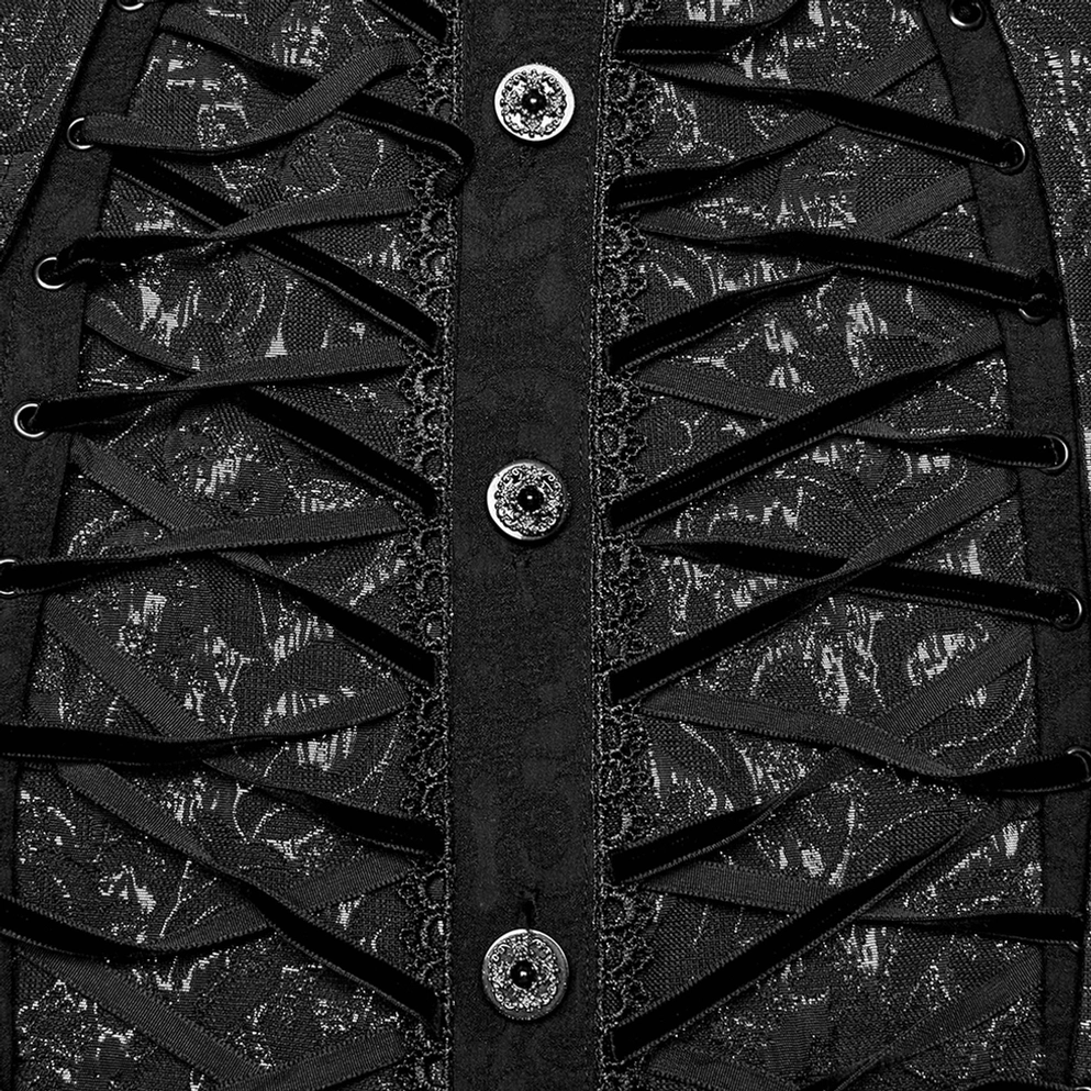 Nahaufnahme gotisches Korsett-Schnürhemd Vorderdetail Vintage-Metallknöpfe schwarze Schnürband Metallösen Brokat