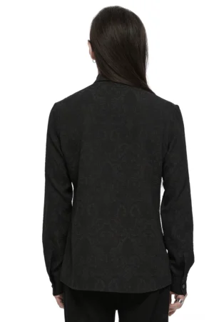 Gotisches Korsett-Schnürhemd Rückansicht schwarzes Damast-Jacquard-Textur Taillennaht strukturierter Schnitt