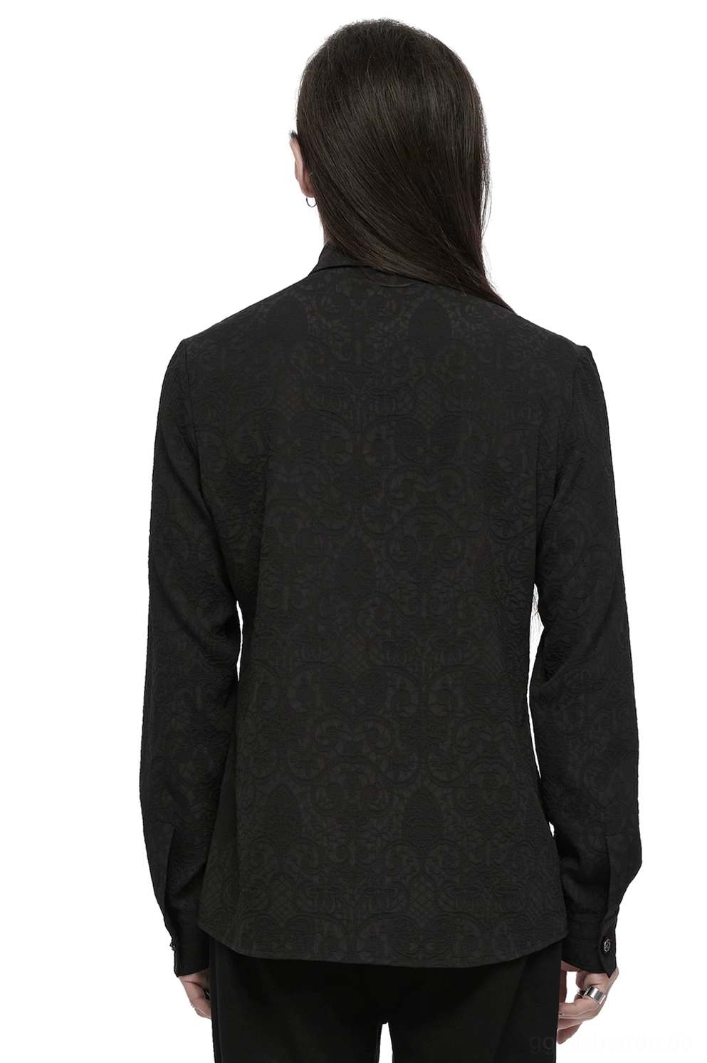 Gotisches Korsett-Schnürhemd Rückansicht schwarzes Damast-Jacquard-Textur Taillennaht strukturierter Schnitt