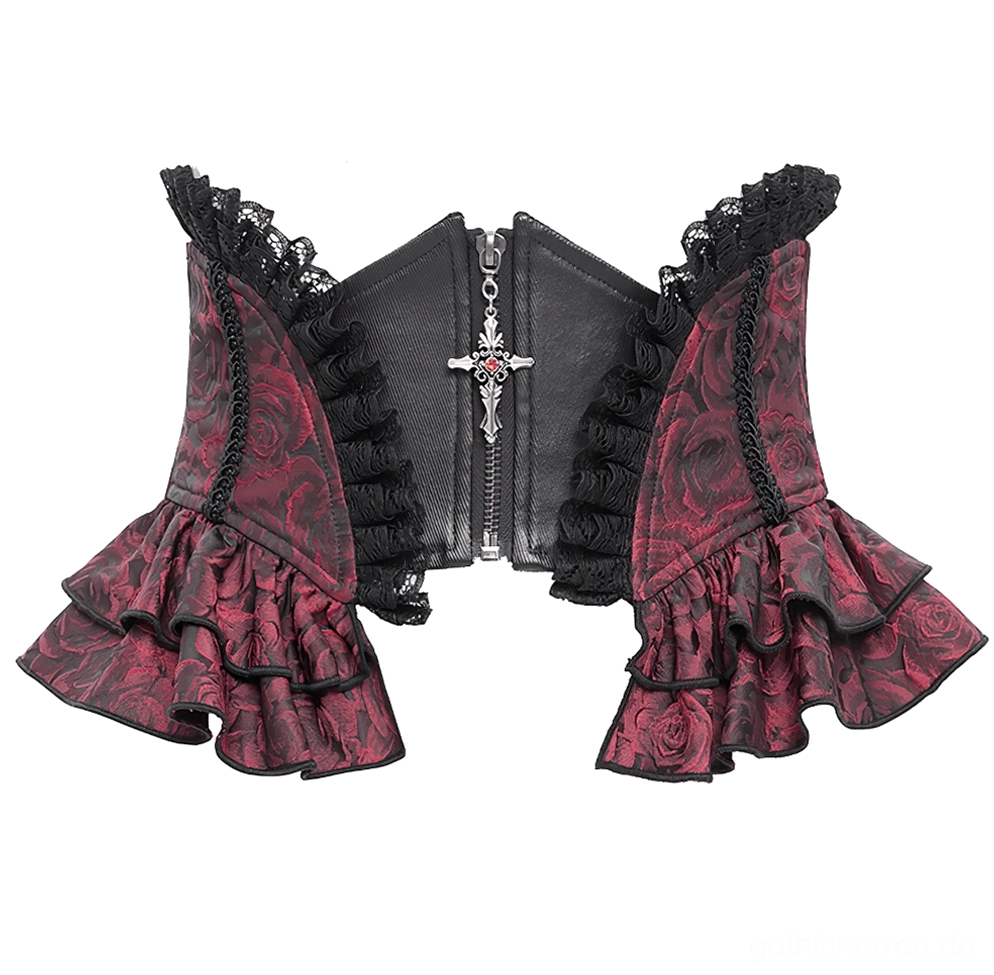 Flachfoto des weinroten Gothic Korsettgürtels mit Kreuz-Zipper-Anhänger, schwarze Lederpaneele, verstärkte Metallösen und Rosen-Jacquard Brokattextil von oben