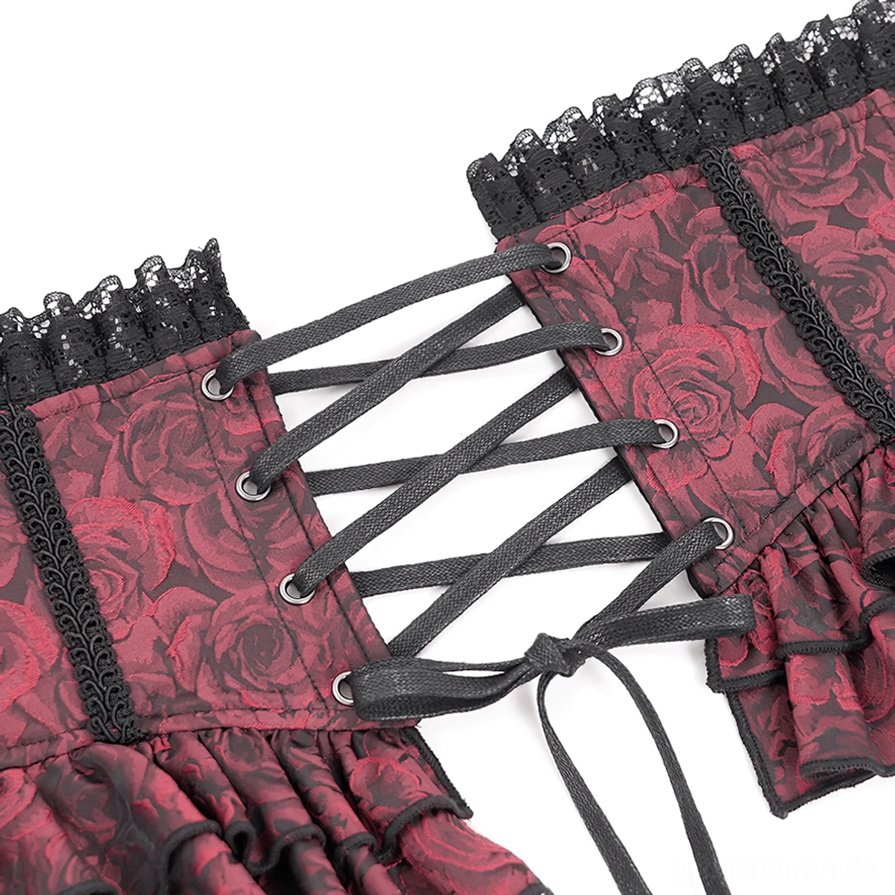 Schwarze Lederschnürung, verstärkte Metallösen und Verschlussmechanismus am weinroten Gothic Korsettgürtel, Schnürrücken-Detail mit verstellbarer Passform