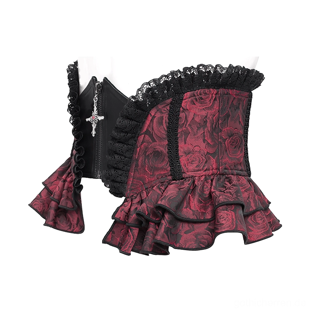 Seitenansicht des weinroten Gothic Korsettgürtels mit Kreuz-Pendant-Charm, gestufter Rüschen-Spitzeneinfassung und strukturiertem Taillengürtel-Design