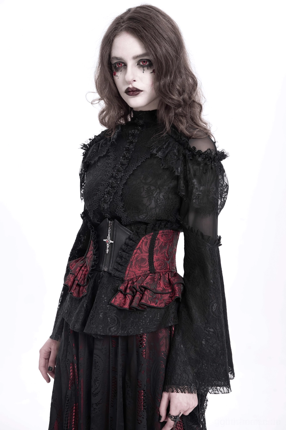 Vorderseite-Detail des weinroten Gothic Korsettgürtels mit Rosen-Brokatt-Muster hervorgehoben, strukturelles Design und Jacquard-Textilstruktur im Fokus