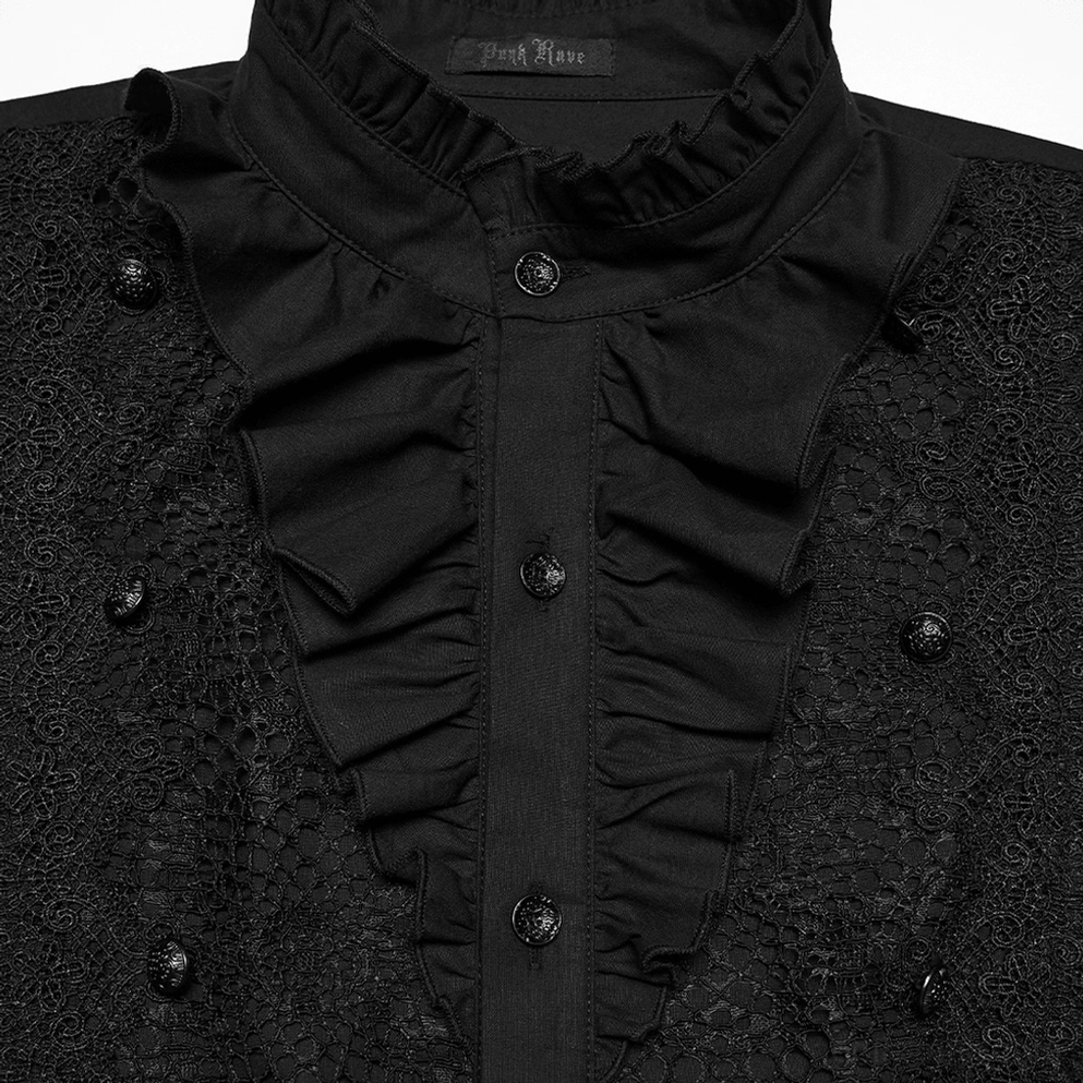 Gothic gerüschter Kragen und Knopfleiste Nahaufnahme Detail – ornamentaler Stehkragen mit dekorativen schwarzen Knöpfen und Spitzentrimmverzierung