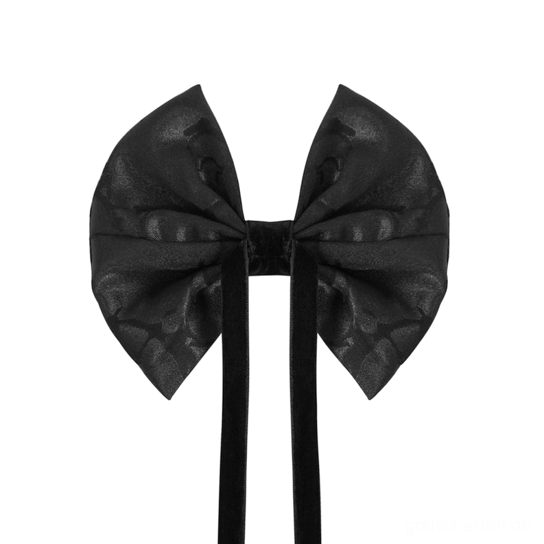 Schnürverschluss Gothic Krawatte Flachlage zeigt lange schwarze Ribbonbänder und Jacquard Gewebetextur mit gotischem Prägemuster, verstellbares Schnürsystem