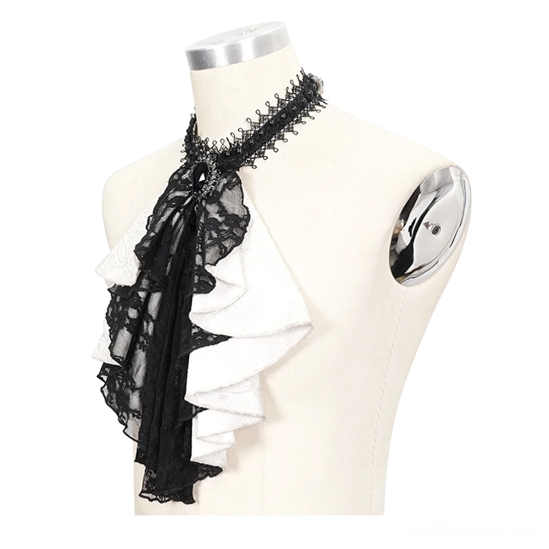 Gothic-Ascot-Krawatte Seitenansicht auf Schneiderpuppe zeigt natürliche Drapierung der schwarzen Spitze und strukturierten weißen Rüschen von Alternative-Winkel