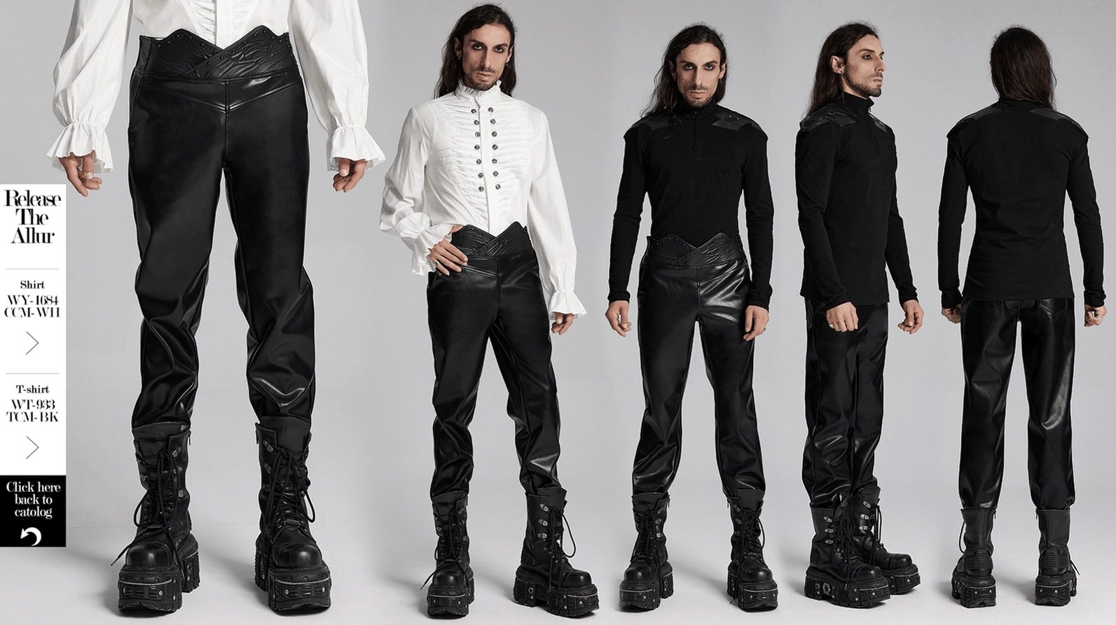 Gothic Kunstlederhose Hauptmerkmal-Präsentation, schwarze Kunstlederhose 3D-gekrümmtes Nieten-Taillenband Focal Point, Kunstleder Slim Fit Hose, Produkt-Showcase-Ansicht, Gothic Fashion Statement