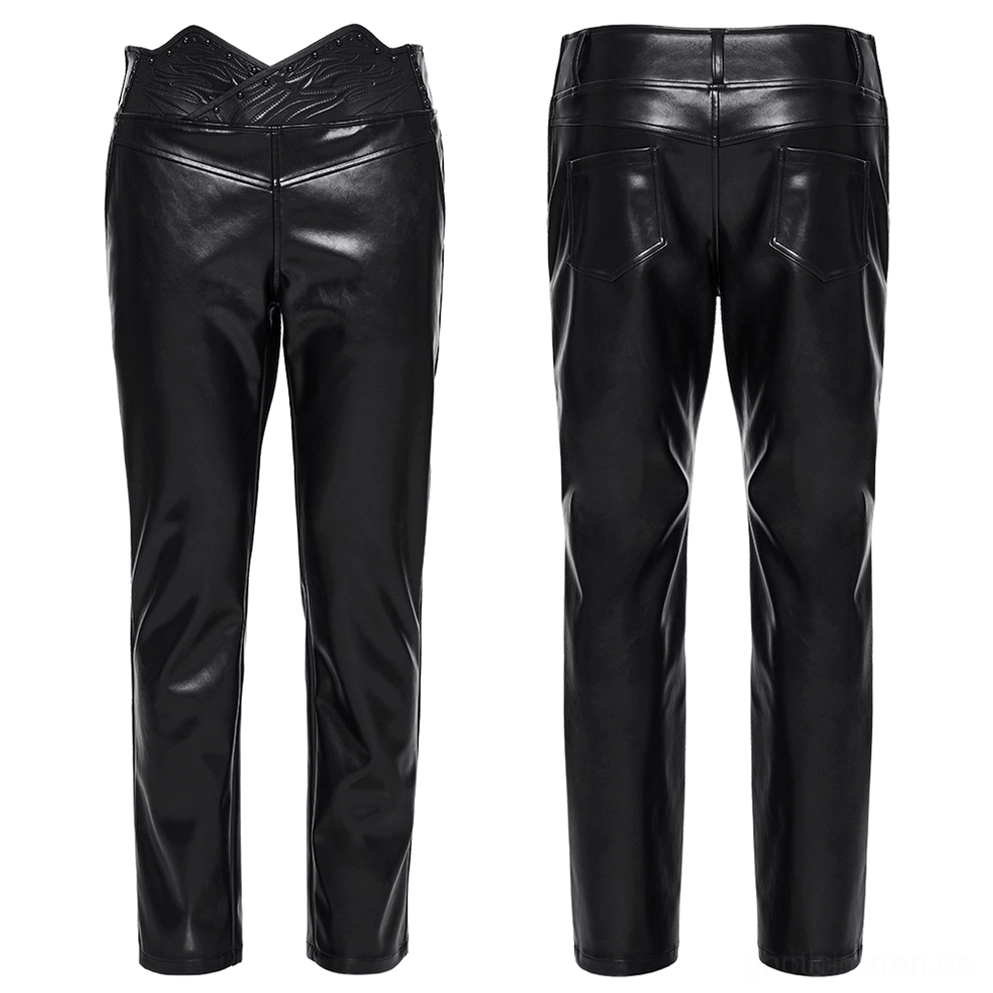 Gothic Kunstlederhose Flatlays Frontansicht, schwarze Kunstlederhose mit 3D-gekrümmtem Nieten-Taillenband, Studio-Produktshot ohne Model, glänzende PU-Leder Oberfläche, architektonisches Design