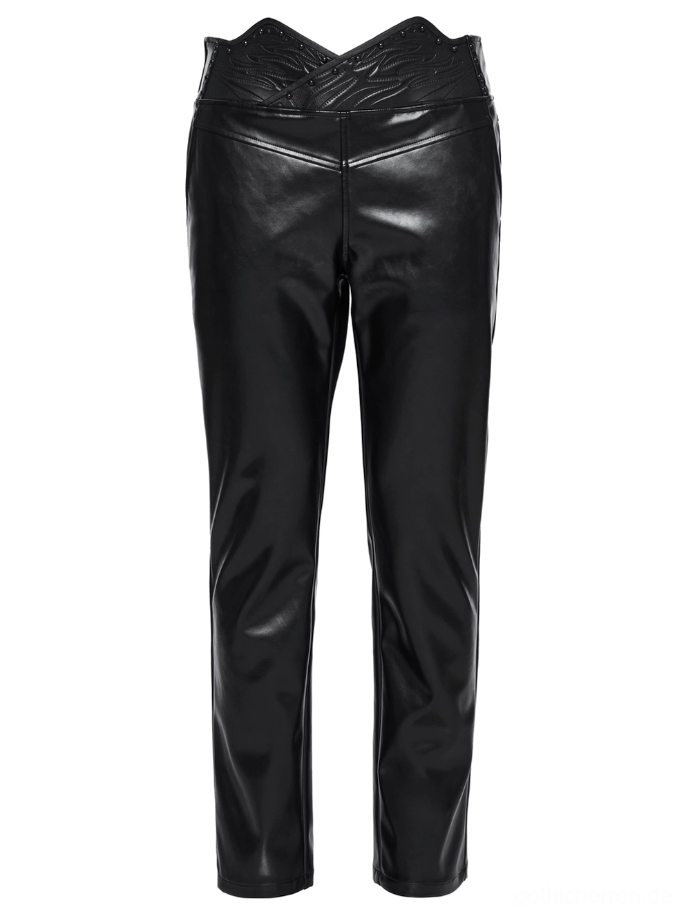 Gothic Kunstlederhose Rückansicht Flatlay, schwarze Kunstlederhose mit V-förmigem Nieten-Taillenband, klassische Jean-Style hintere Patch-Taschen, saubere architektonische Nähte, Studio-Produktshot