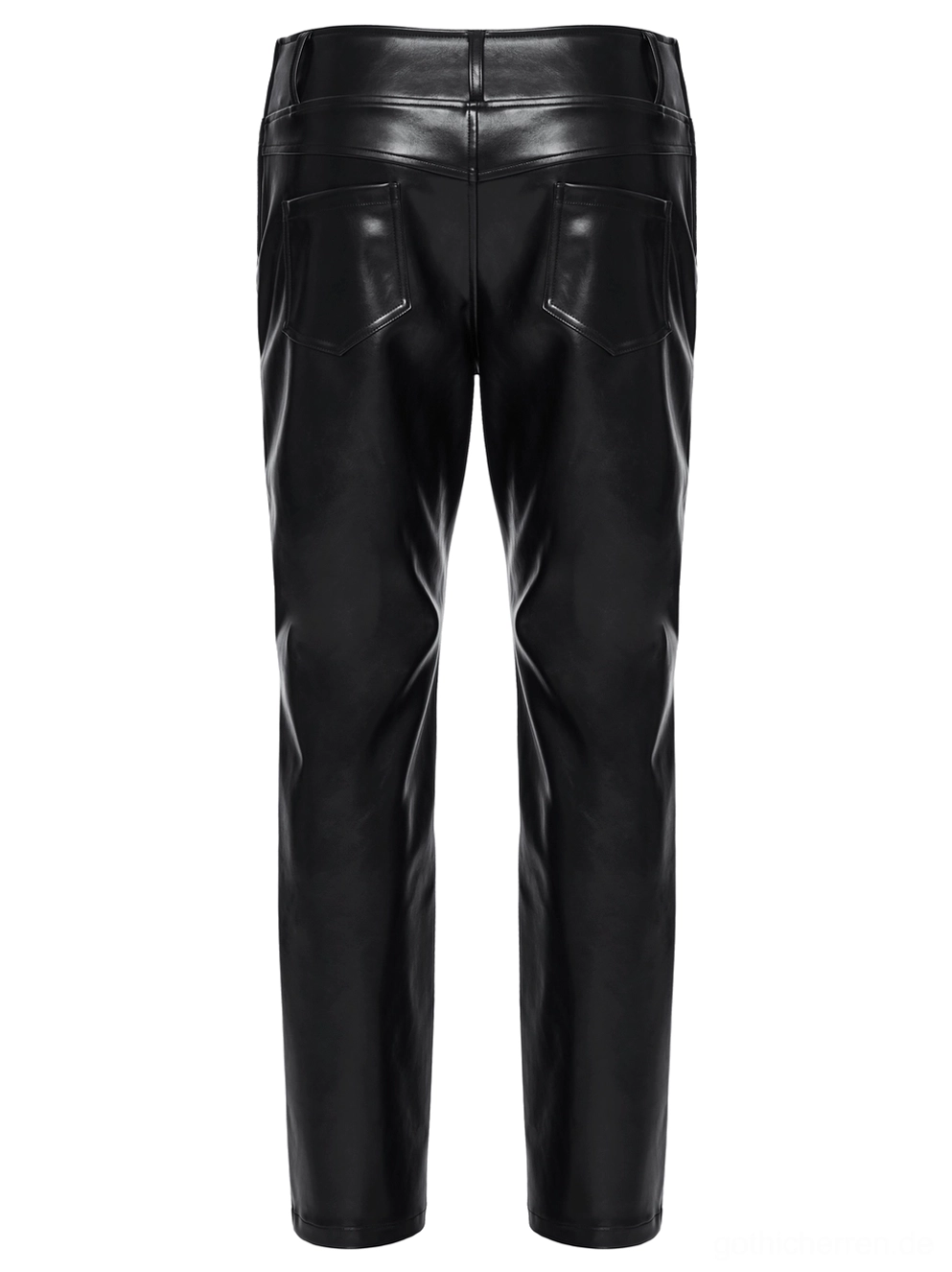 Gothic Kunstlederhose Rückansicht Winkelansicht Flatlay, klassische Jean-Style hintere Patch-Taschen, verfeinerte Steppnähte, taillierte Passform, schwarze glänzende Kunstleder-Textur, Studio-Produktshot