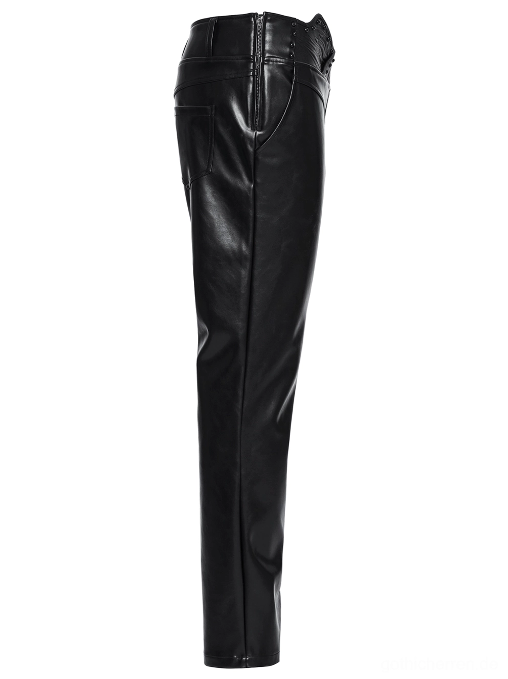 Gothic Kunstlederhose Seitenansicht Flatlay, schwarze Kunstlederhose Slim Straight Leg Silhouette, verborgener Reißverschluss-Verschluss, schlanke glänzende Kunstleder-Oberfläche, Studio-Anzeige