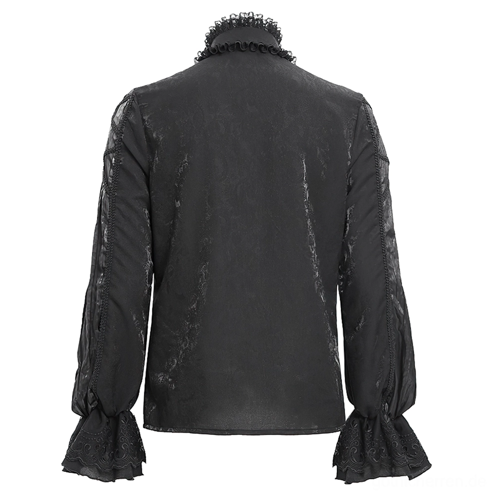 Schwarzes Gothic-Spitzen-Hemd Rückseite flache Legung mit durchgehend schwarzem Stoff und kunstvollen Rüschenmanschetten