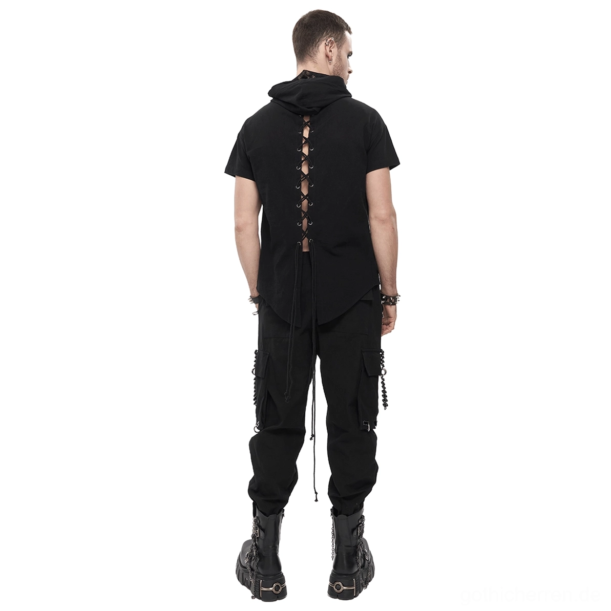 Schwarzes Gothic Lace-Up Hoodie Rückansicht zeigt vertikales Lace-Up Rückenschlitz-Design mit hängenden Schnur-Quasten auf Schaufensterpuppe