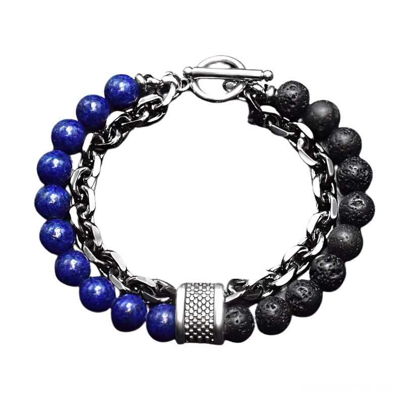 Lapislazuli Blau und schwarzer Lava-Stein gotisches Armband – doppellagige spirituelle Naturstein-Kombination für Gothic-Liebhaber