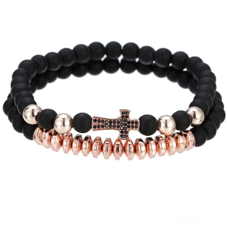 Roségold gotisches Lava-Stein Kreuz-Perlenarmband mit feinen Metalldetails, Alternative Unisex-Accessoire für gotische Subkultur
