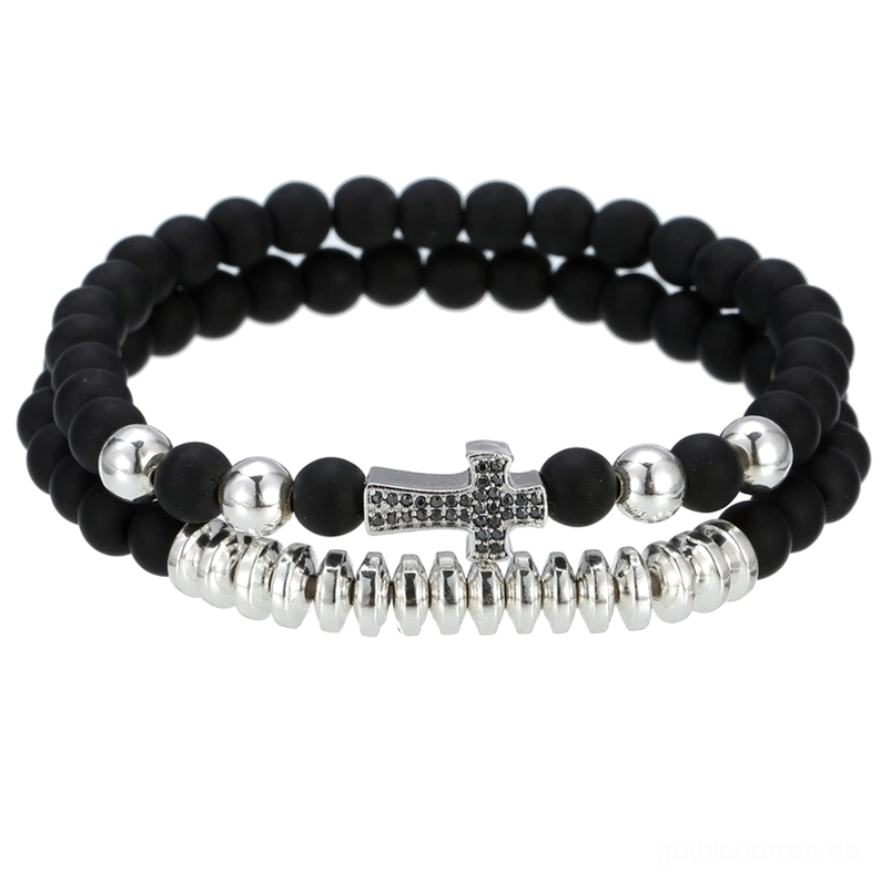 Silberton gotisches Lava-Stein Perlenarmband mit Kreuz-Charm, Alternative Schmuckkunst für Herren und Damen, industrieller Gothic Style
