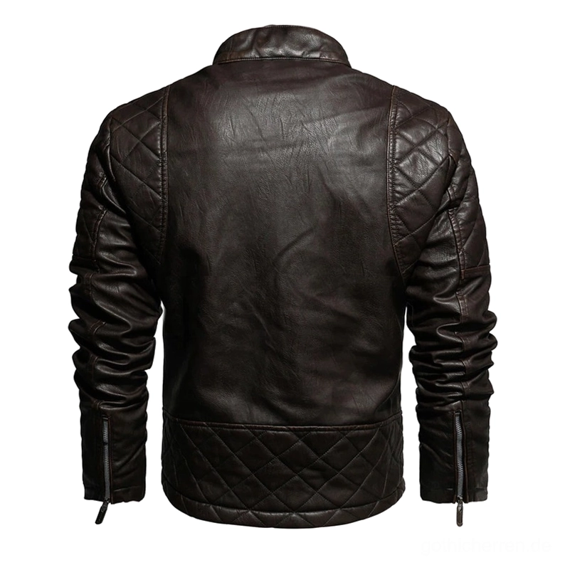 Dunkelbraun Gothic PU-Kunstleder Jacke Rückansicht, zeigt gesteppte Rücken-Paneele, Fleece-Futter-Konstruktion und Reißverschluss-Manschetten mit taillierten Schultern